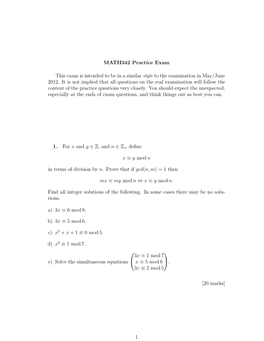 MATH342 Practice Exam This Exam Is Intended to Be in a Similar Style To