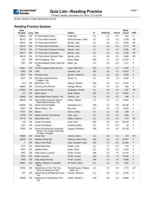 Quiz List—Reading Practice Page 1 Printed Tuesday, November 18, 2014 5:01:06 PM School: Bullock Creek Elementary School