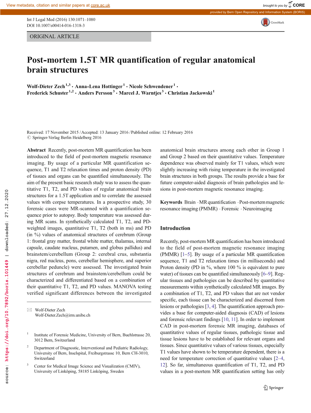 Post-Mortem 1.5T MR Quantification of Regular Anatomical Brain Structures