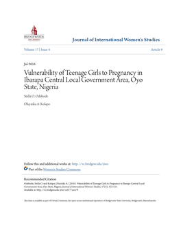 Vulnerability of Teenage Girls to Pregnancy in Ibarapa Central Local Government Area, Oyo State, Nigeria Stella O