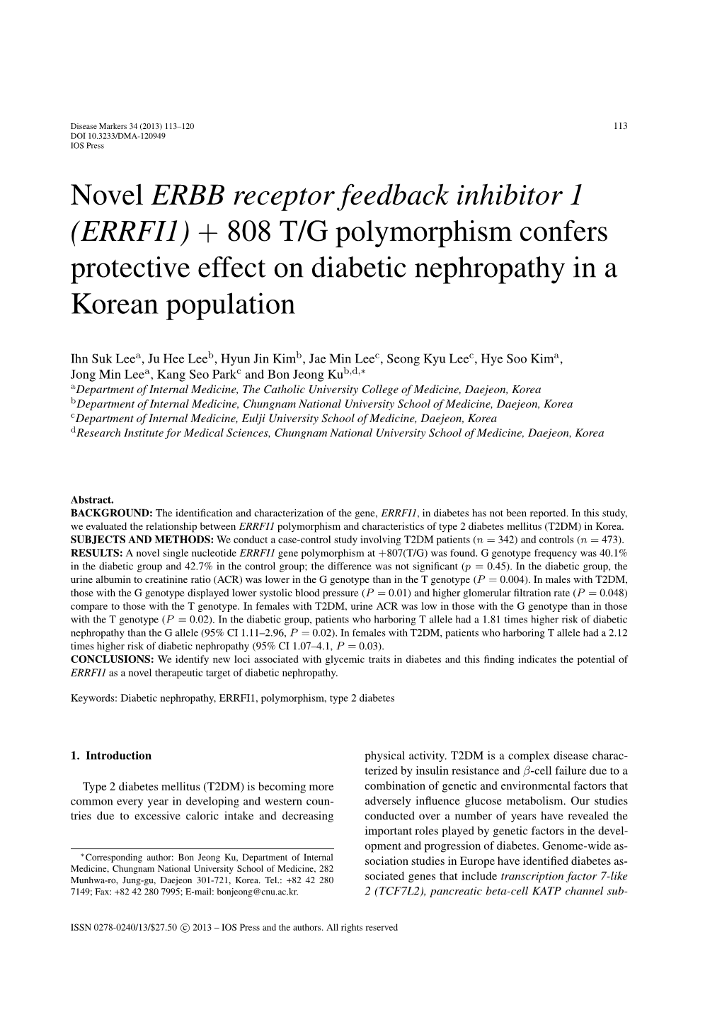 + 808 T/G Polymorphism Confers Protective Effect on Diabetic Nephropathy in a Korean Population