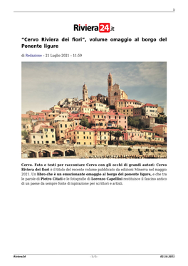 “Cervo Riviera Dei Fiori”, Volume Omaggio Al Borgo Del Ponente Ligure