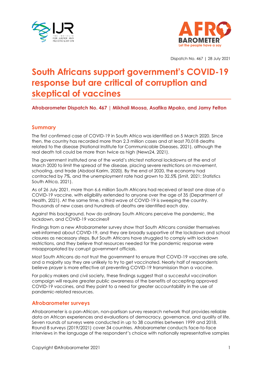 South Africans Support Government's COVID-19 Response but Are Critical of Corruption and Skeptical of Vaccines