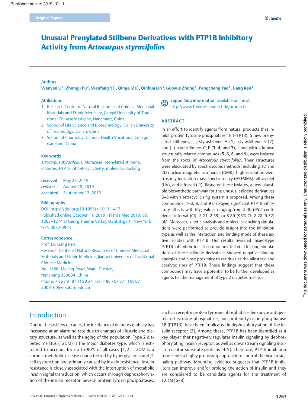 Unusual Prenylated Stilbene Derivatives with PTP1B Inhibitory Activity from Artocarpus Styracifolius