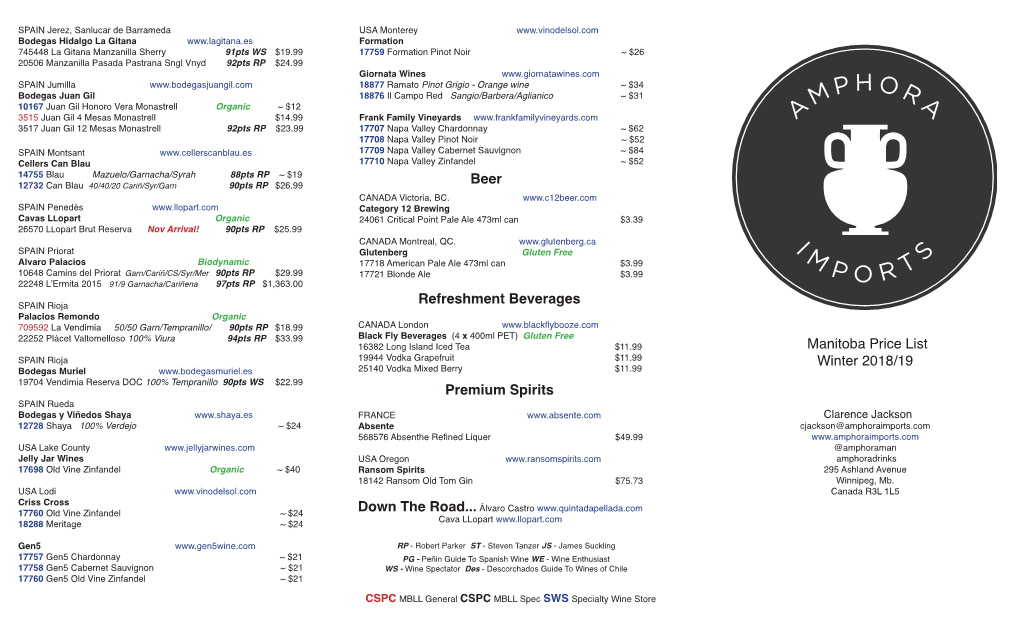 Premium Spirits Manitoba Price List Winter 2018