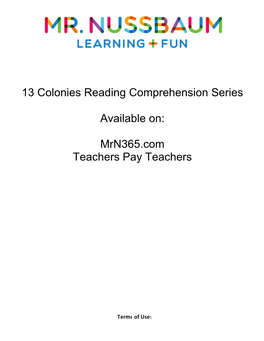 13 Colonies Reading Comprehension Series Available On