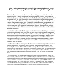 First Presbyterian Church in Springfield to Present the Beloved Rutter Requiem on Sunday, April 1, 2012 at 10 AM During the Worship Service