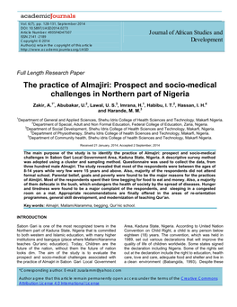 The Practice of Almajiri: Prospect and Socio-Medical Challenges in Northern Part of Nigeria