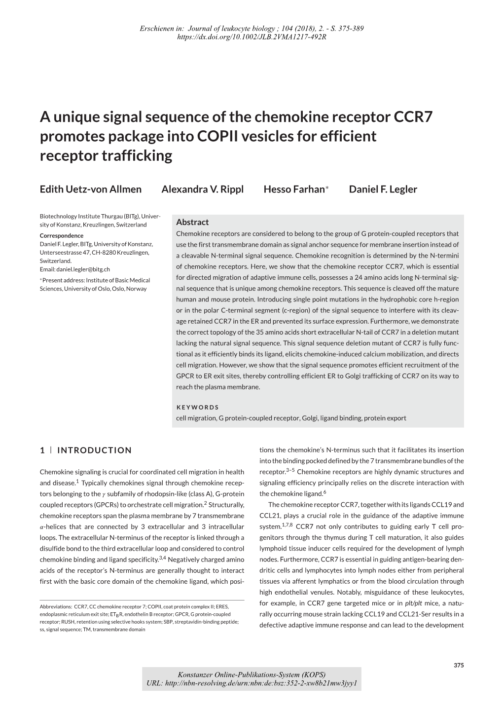 A Unique Signal Sequence of the Chemokine Receptor CCR7 Promotes Package Into COPII Vesicles for Efficient Receptor Trafficking