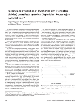 Feeding and Oviposition of Diaphorina Citri (Hemiptera: Liviidae) on Helietta Apiculata (Sapindales: Rutaceae): a Potential Host