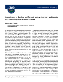 Compliments of Hamilton and Sargent: a Story of Mystery and Tragedy and the Closing of the American Frontier