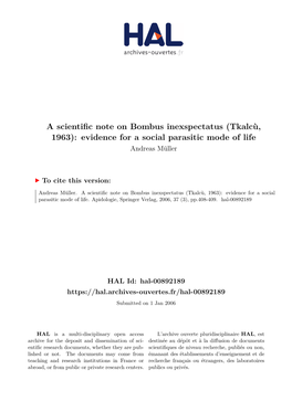 A Scientific Note on Bombus Inexspectatus (Tkalcù, 1963): Evidence for a Social Parasitic Mode of Life Andreas Müller