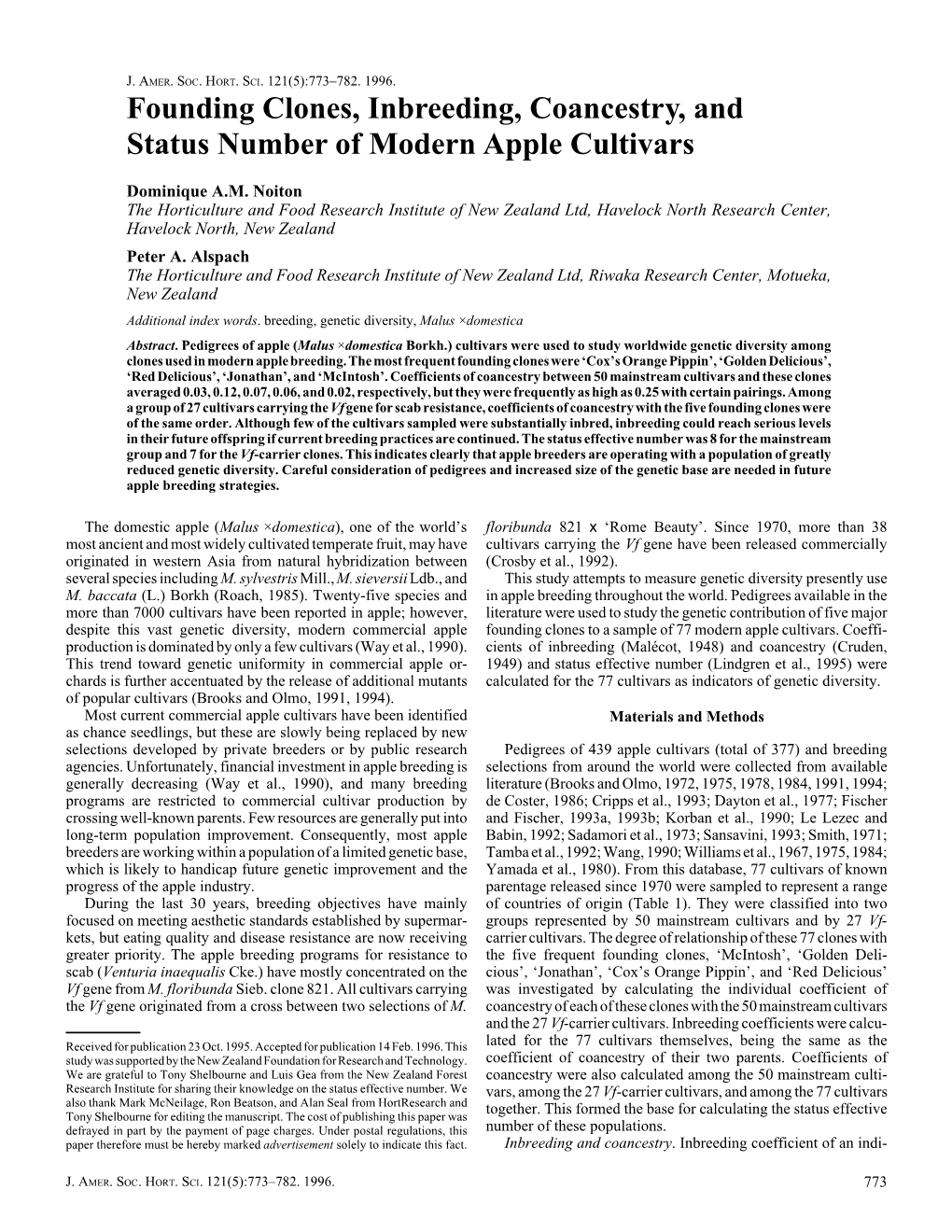 Founding Clones, Inbreeding, Coancestry, and Status Number of Modern Apple Cultivars