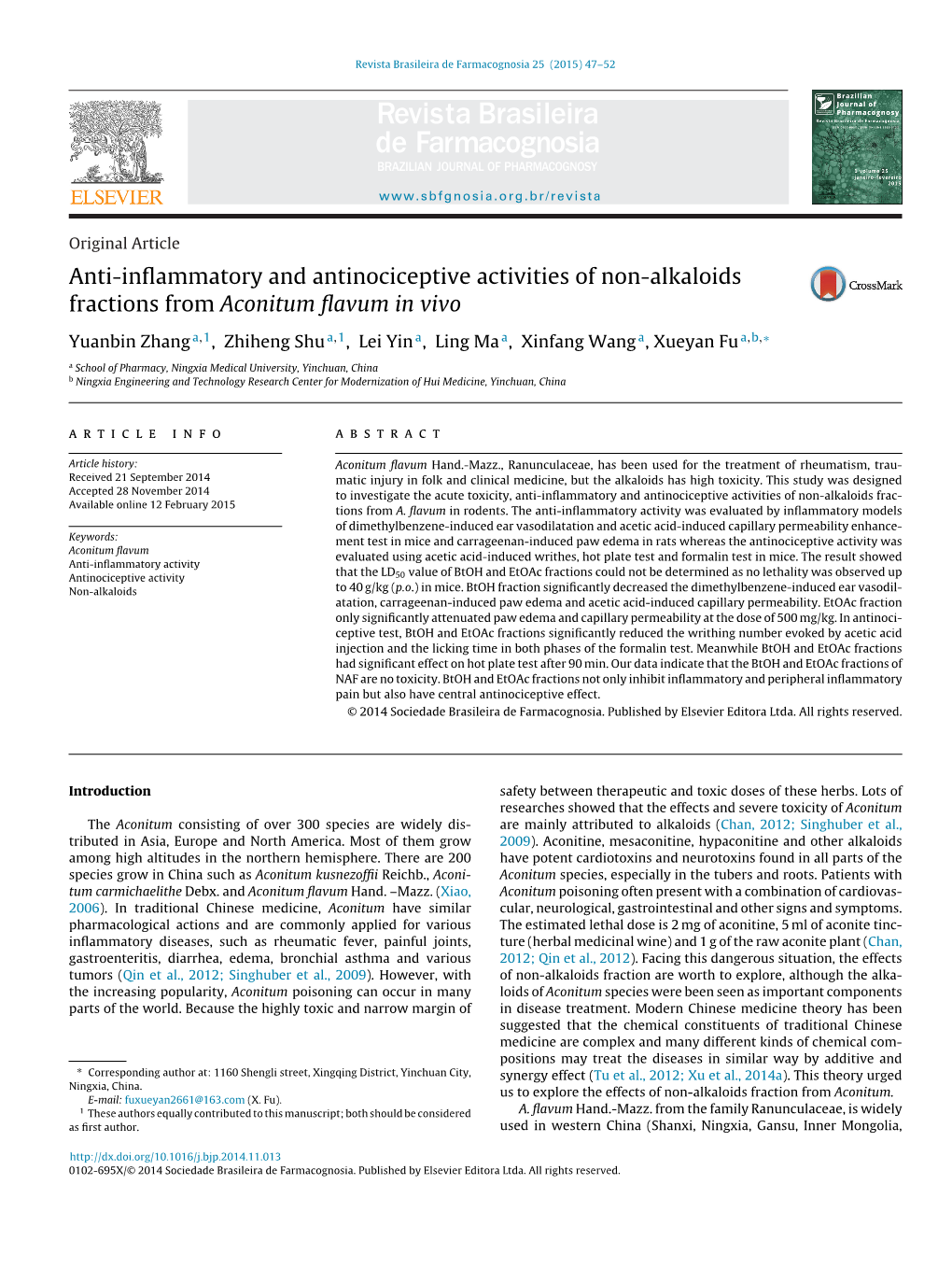 Anti-Inflammatory and Antinociceptive Activities of Non-Alkaloids Fractions