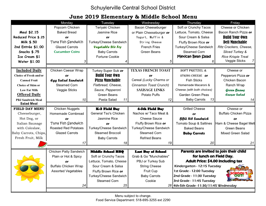 June Elementary and Middle School Lunch Menu