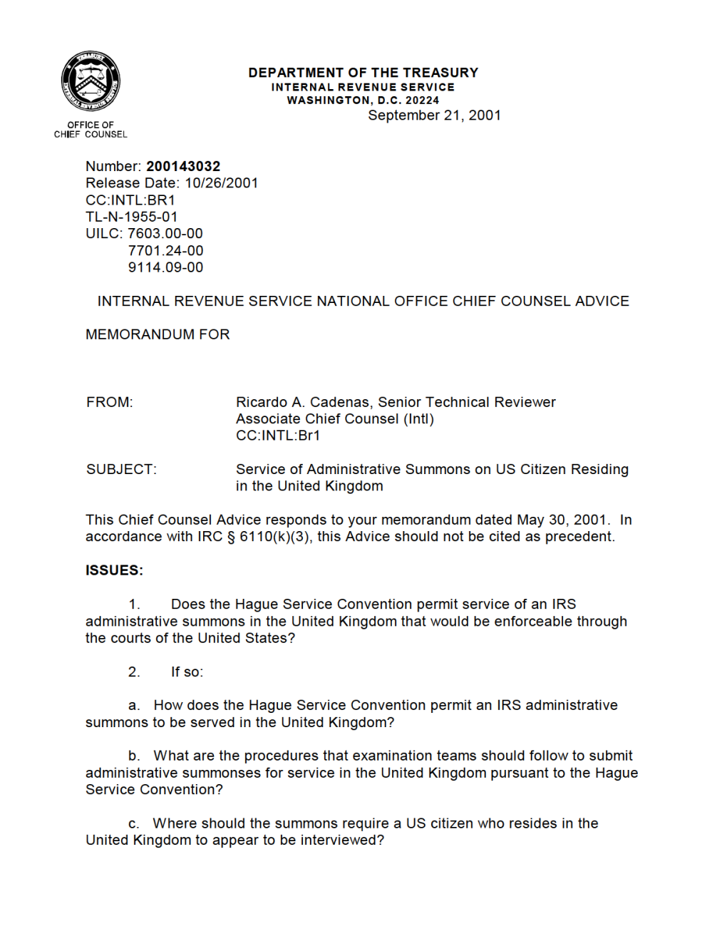 Chief Counsel Memorandum 200143032