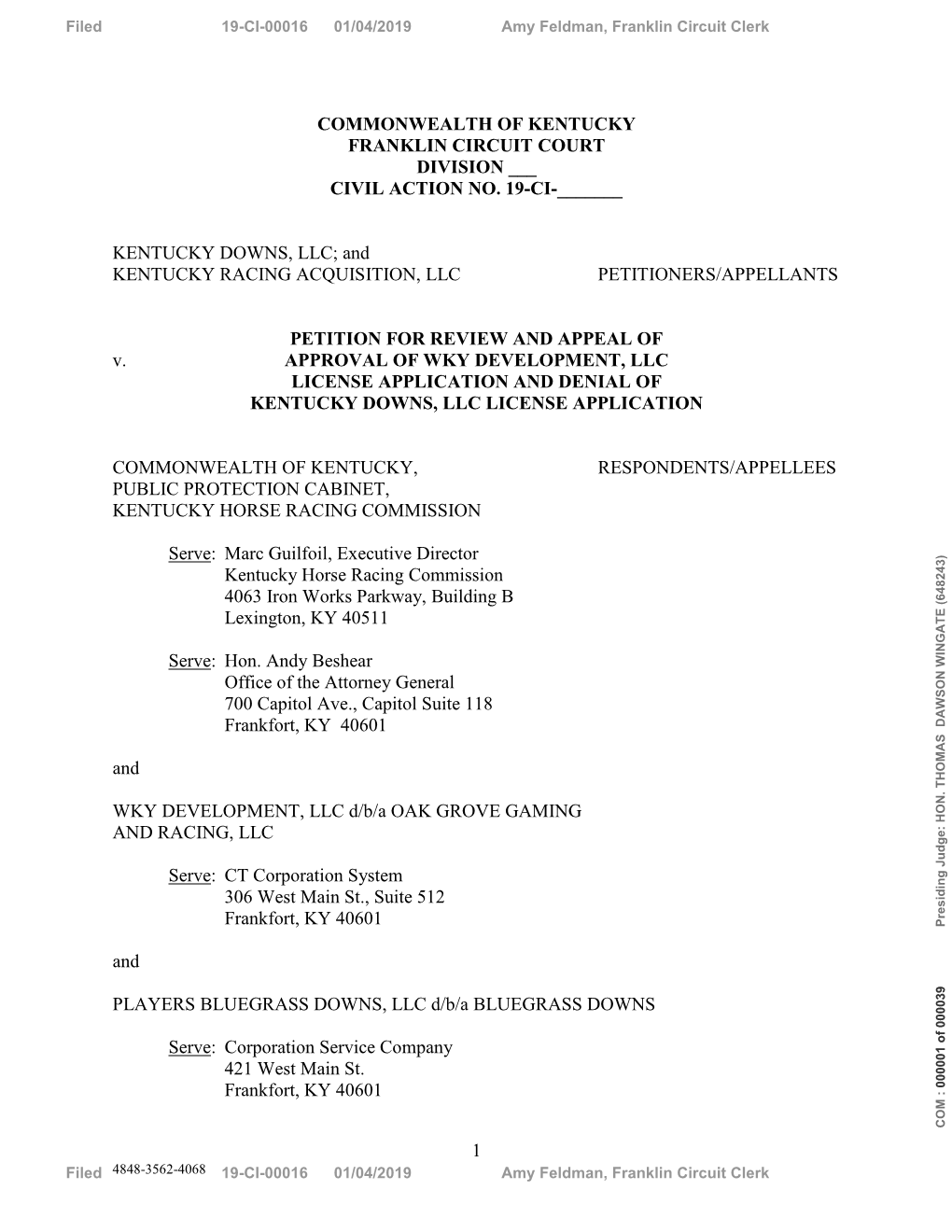 Ci, 19-Ci-00016, Kentucky Downs, Llc, Et Al Vs. Cth of Ky, Pub