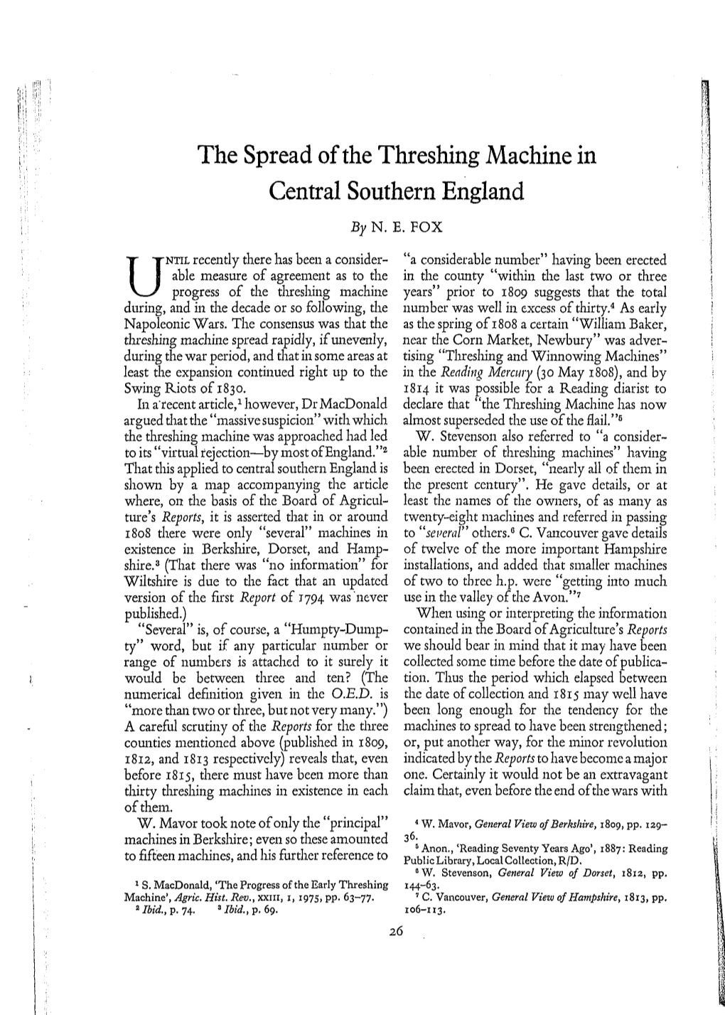 The Spread of the Threshing Machine in Central Southern England I I by N