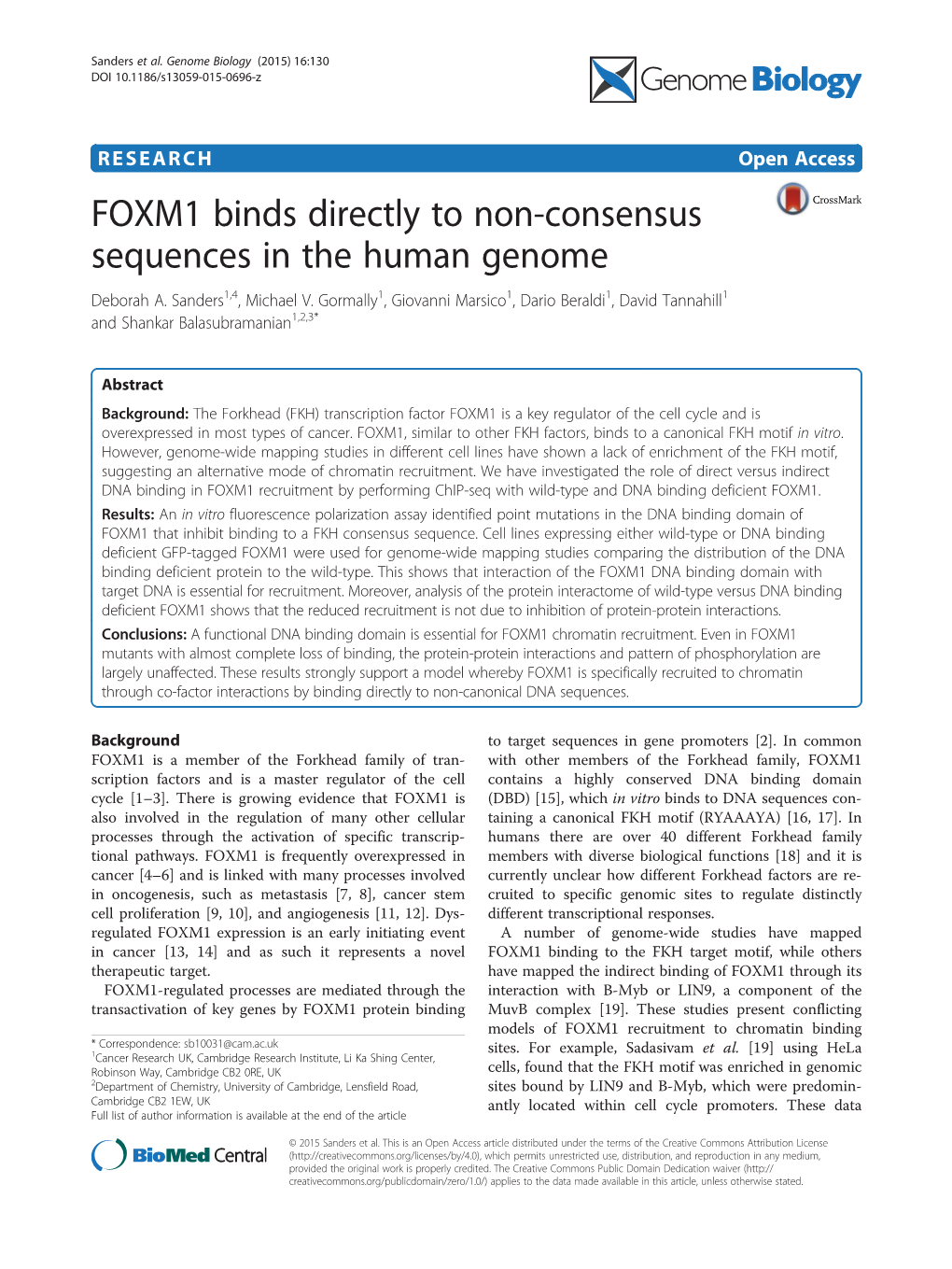 FOXM1 Binds Directly to Non-Consensus Sequences in the Human Genome Deborah A