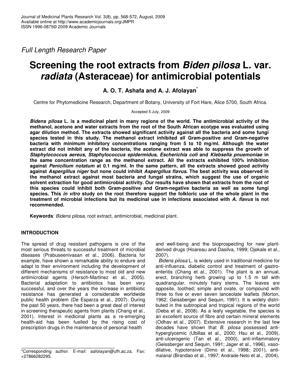 Screening the Root Extracts from Biden Pilosa L. Var