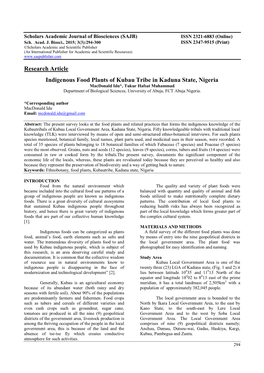 Research Article Indigenous Food Plants of Kubau Tribe in Kaduna