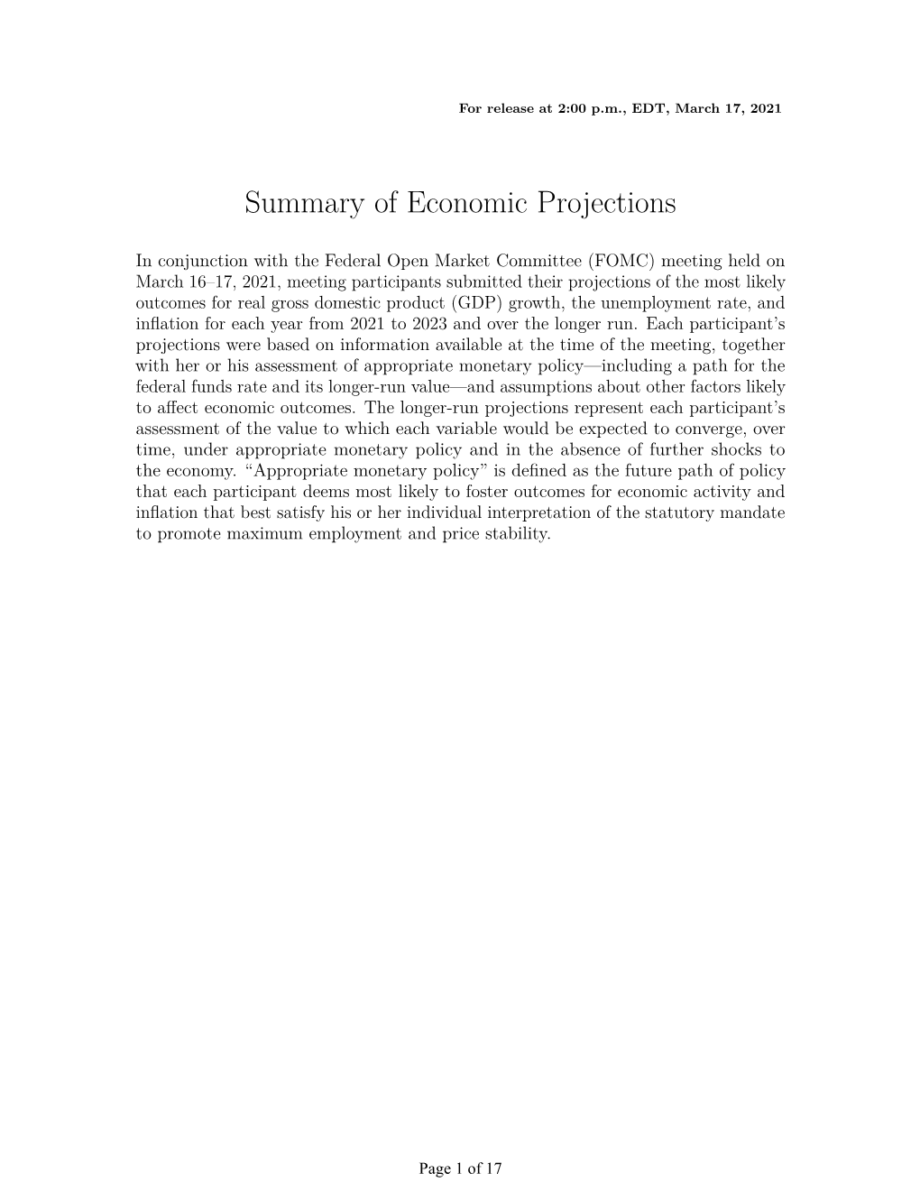 Summary of Economic Projections