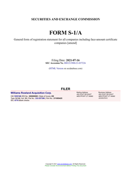 Williams Rowland Acquisition Corp. Form S-1/A