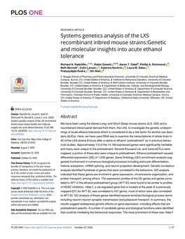 Systems Genetics Analysis of the LXS Recombinant Inbred Mouse Strains:Genetic and Molecular Insights Into Acute Ethanol Tolerance