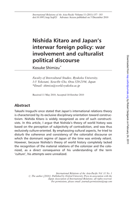 Nishida Kitaro and Japan's Interwar Foreign Policy