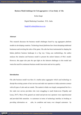 Business Model Challenges for Cab Aggregators: a Case Study of Ola