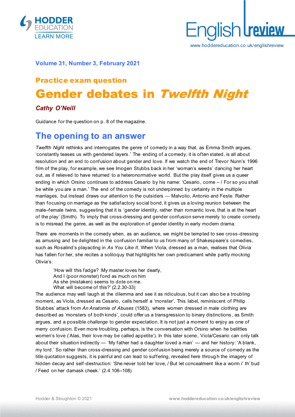 Gender Debates in Twelfth Night Cathy O’Neill