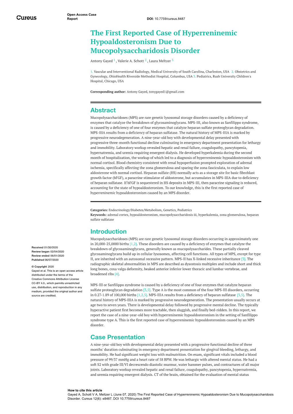 The First Reported Case of Hyperreninemic Hypoaldosteronism Due to Mucopolysaccharidosis Disorder