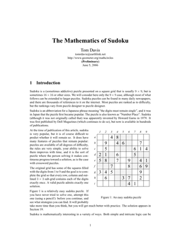 The Mathematics of Sudoku Tom Davis Tomrdavis@Earthlink.Net (Preliminary) June 5, 2006