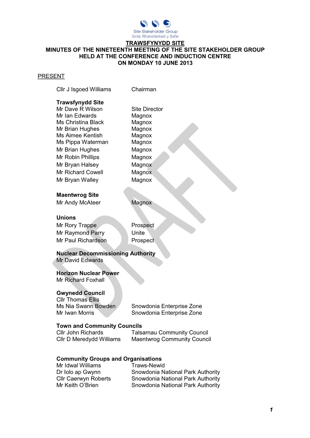 1 Trawsfynydd Site Minutes of the Nineteenth Meeting Of