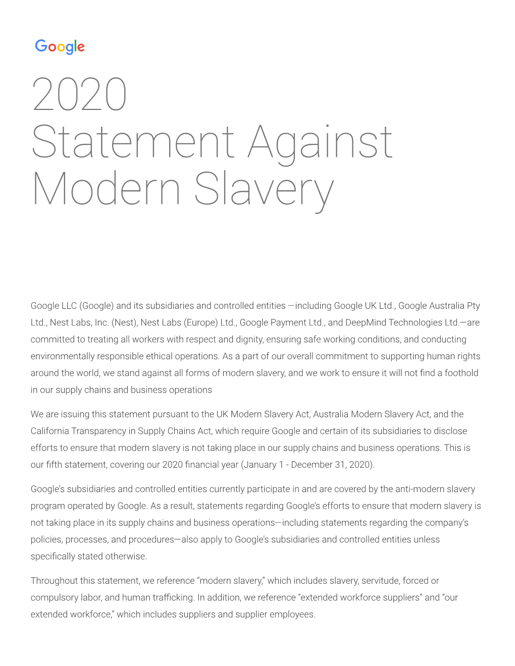 2020 Statement Against Modern Slavery