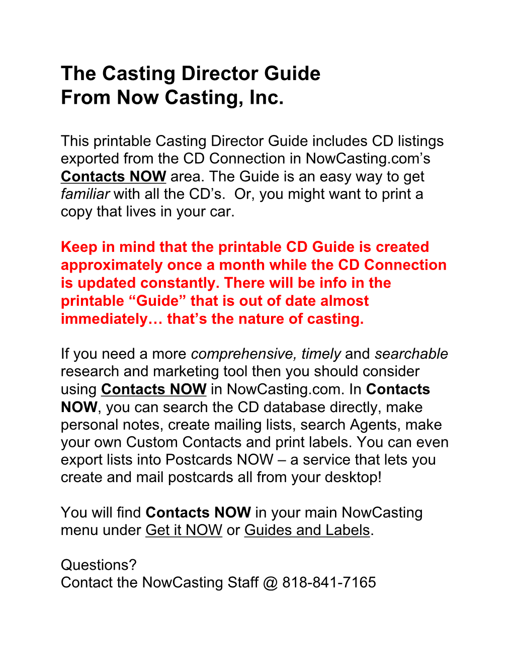 The Casting Director Guide from Now Casting, Inc