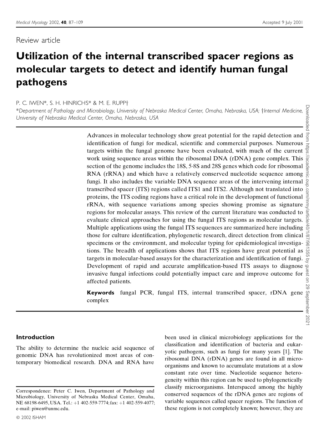 Utilization of the Internal Transcribed Spacer Regions As Molecular Targets