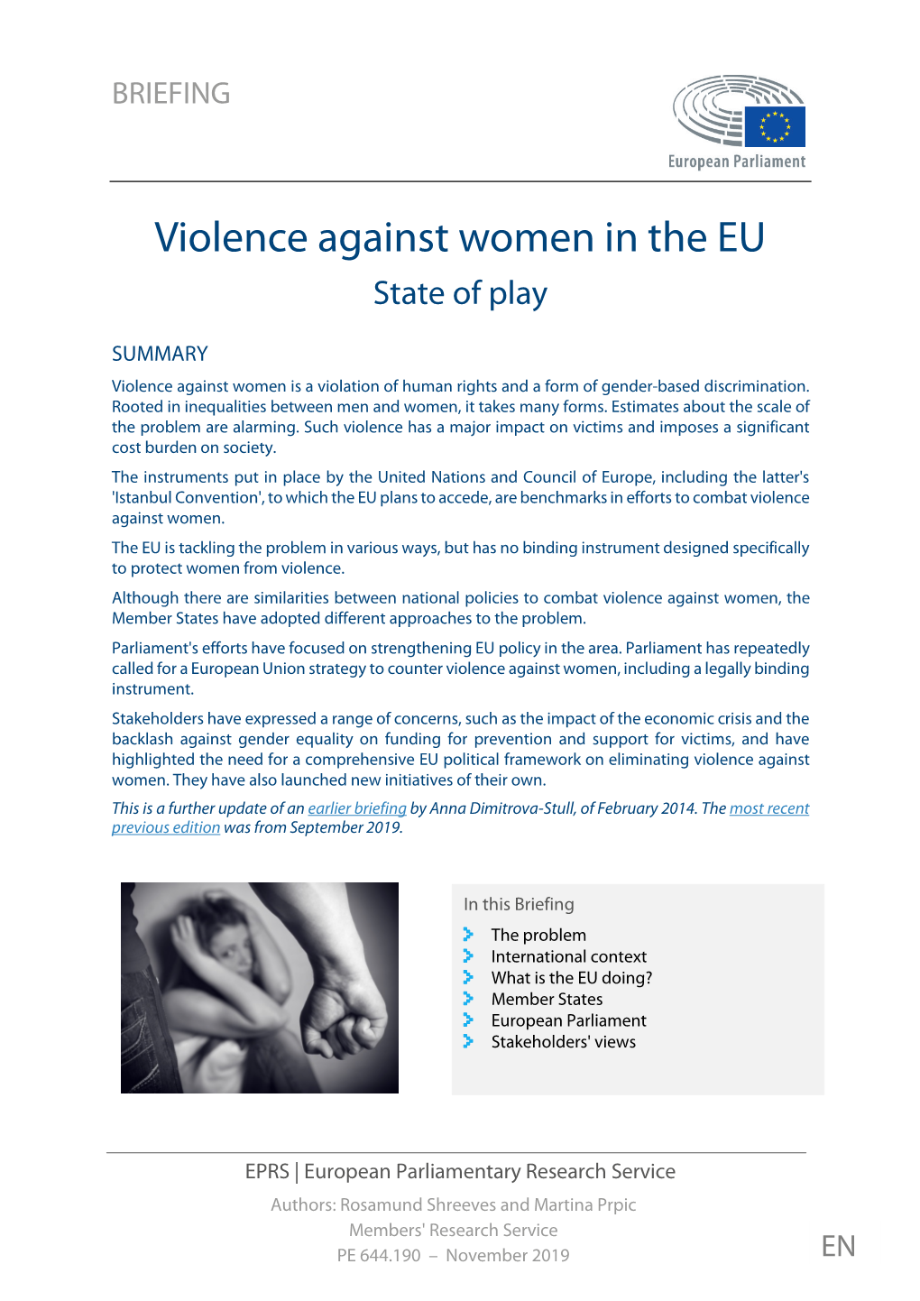 Violence Against Women in the EU: State of Play (November 2019)