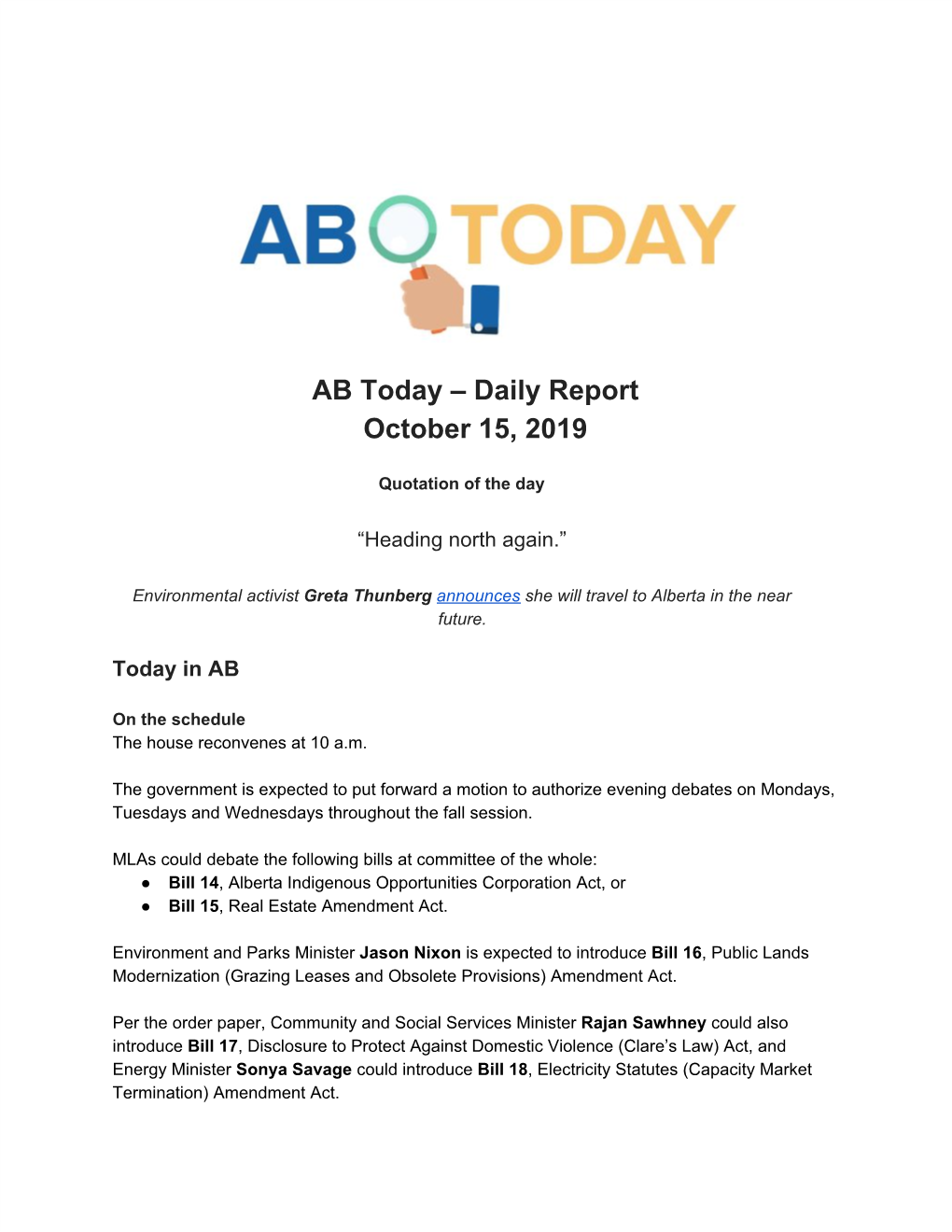 AB Today – Daily Report October 15, 2019