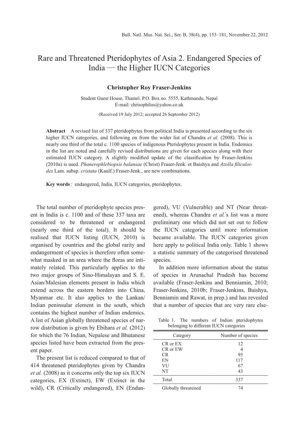 Rare and Threatened Pteridophytes of Asia 2. Endangered Species of India — the Higher IUCN Categories