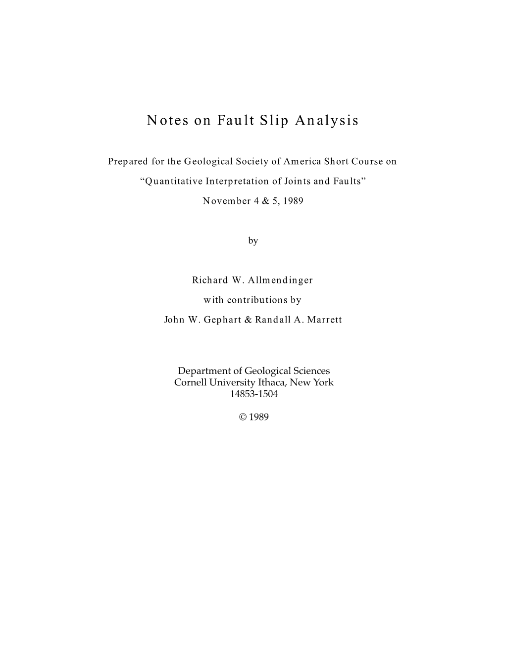 Download a Copy of the Notes on Fault Slip Analysis That Randy Marrett, John Gephart