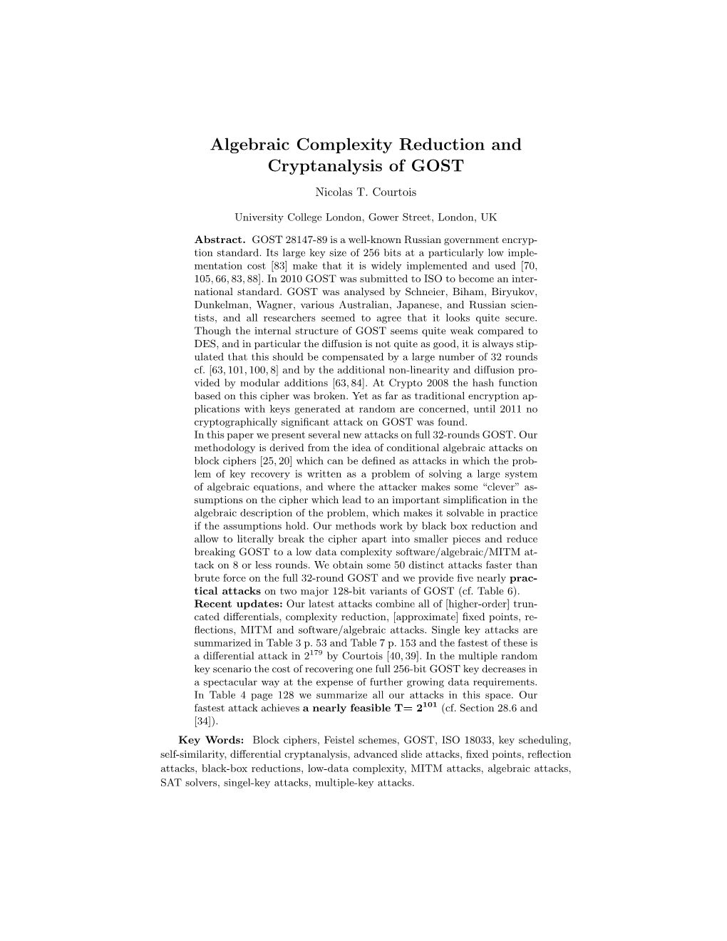 Algebraic Complexity Reduction and Cryptanalysis of GOST Nicolas T