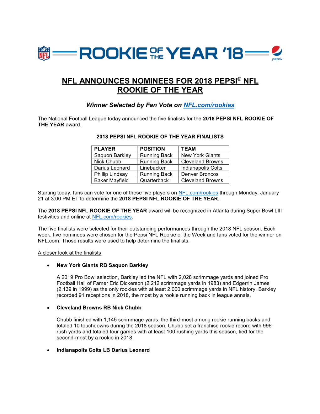 Nfl Announces Nominees for 2018 Pepsi® Nfl Rookie of the Year