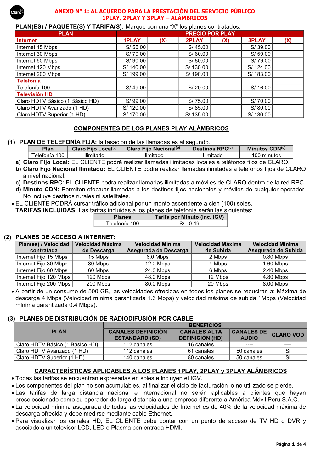 Y TARIFA(S): Marque Con Una “X” Los Planes Contratados