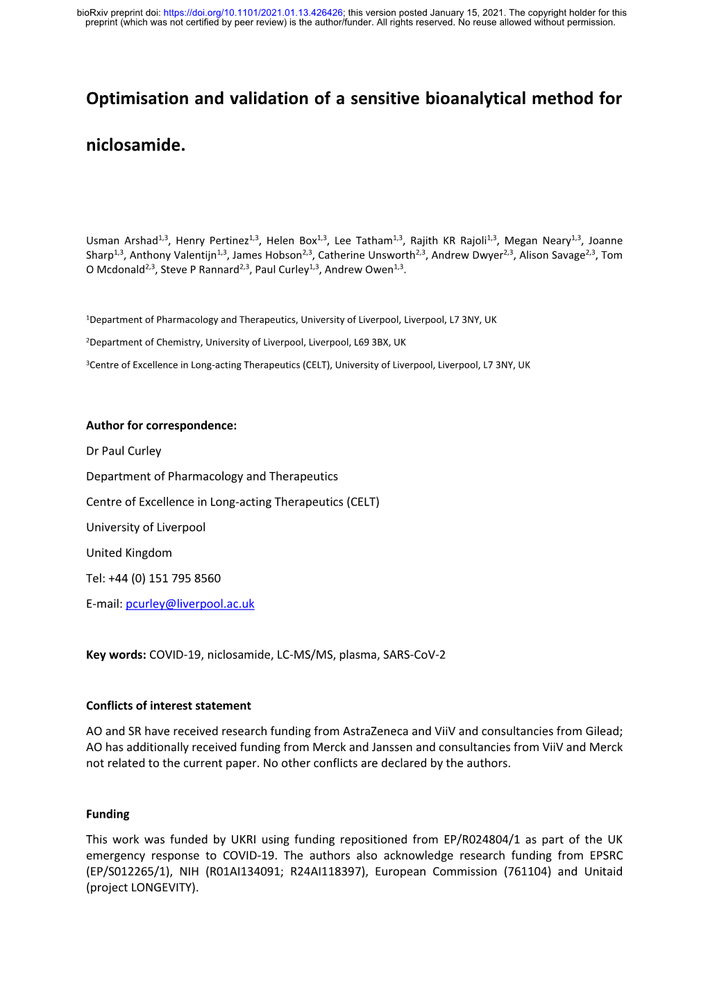 Optimisation and Validation of a Sensitive Bioanalytical Method For