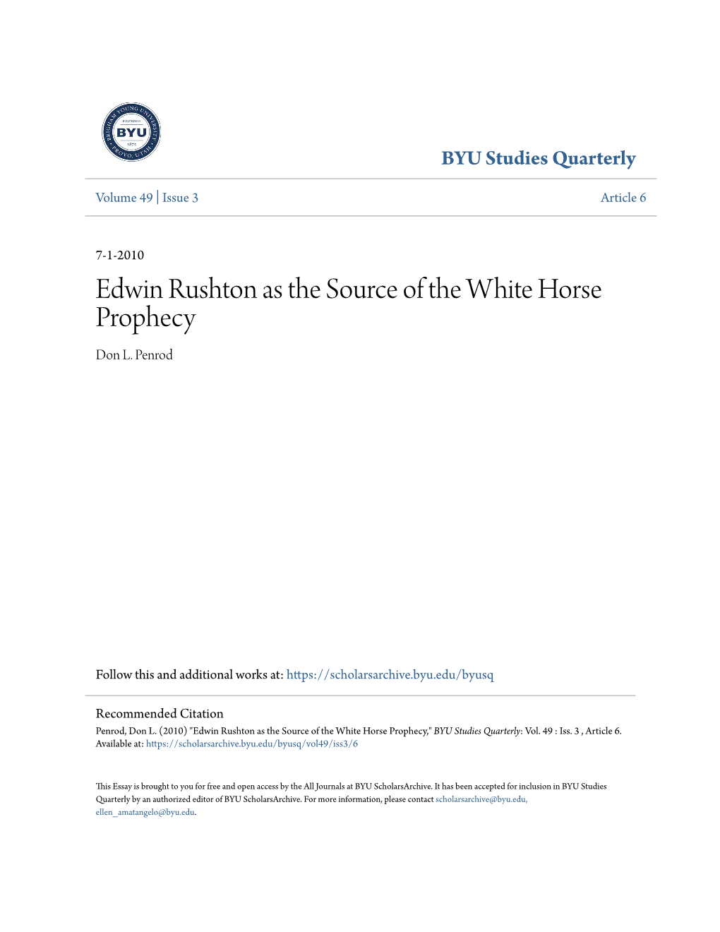Edwin Rushton As the Source of the White Horse Prophecy Don L