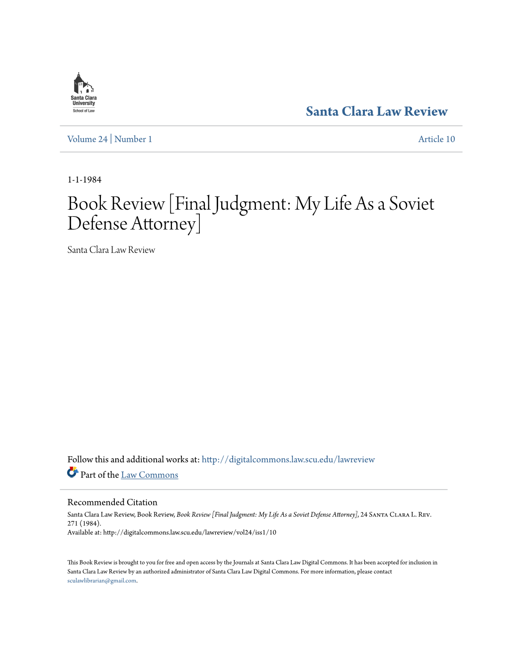 Book Review [Final Judgment: My Life As a Soviet Defense Attorney] Santa Clara Law Review