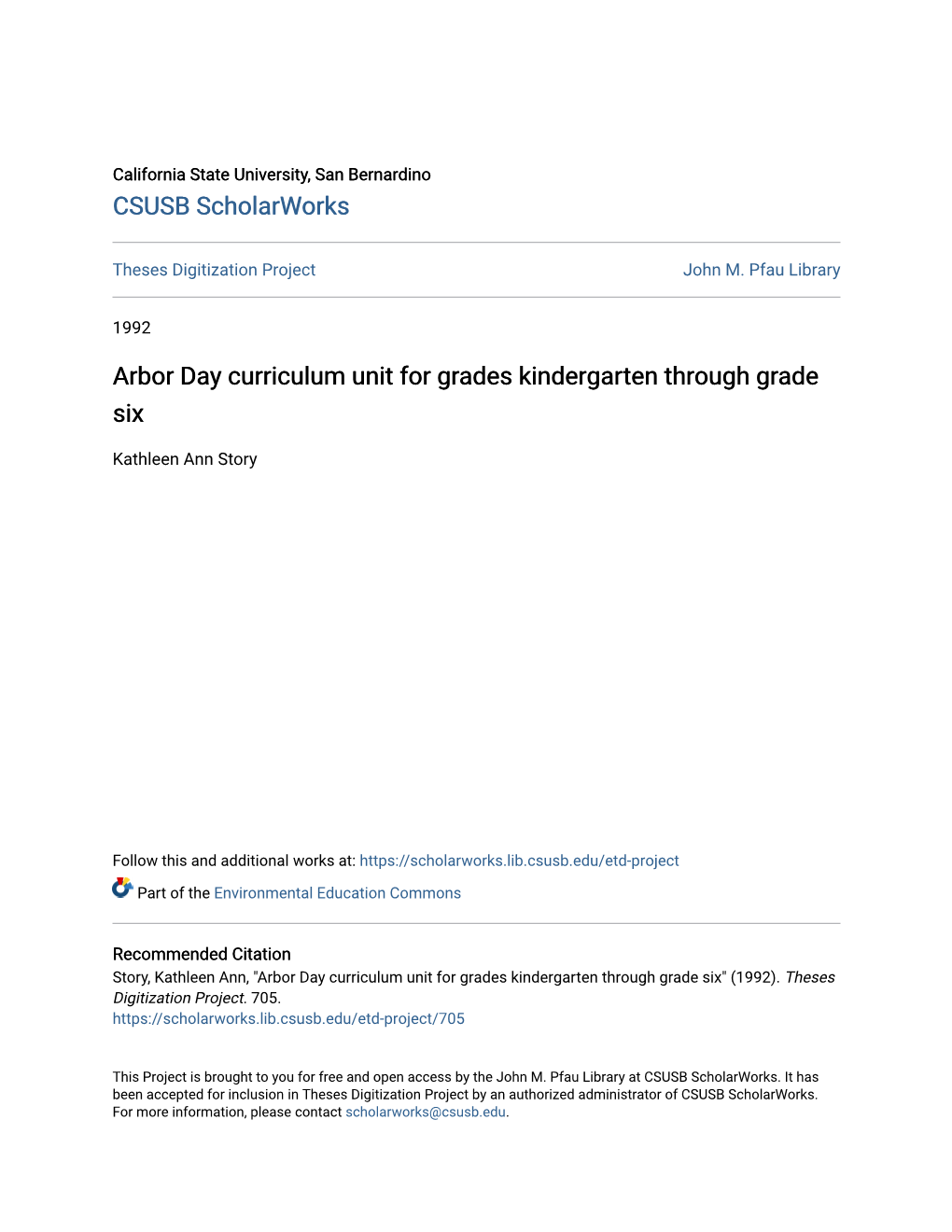 Arbor Day Curriculum Unit for Grades Kindergarten Through Grade Six