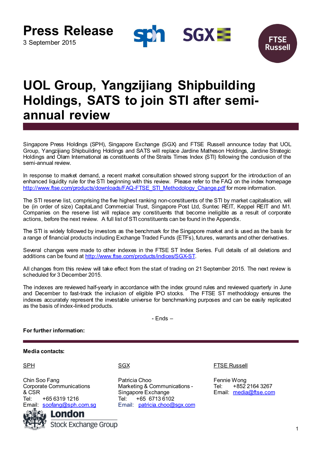 UOL Group, Yangzijiang Shipbuilding Holdings, SATS to Join STI After Semi- Annual Review