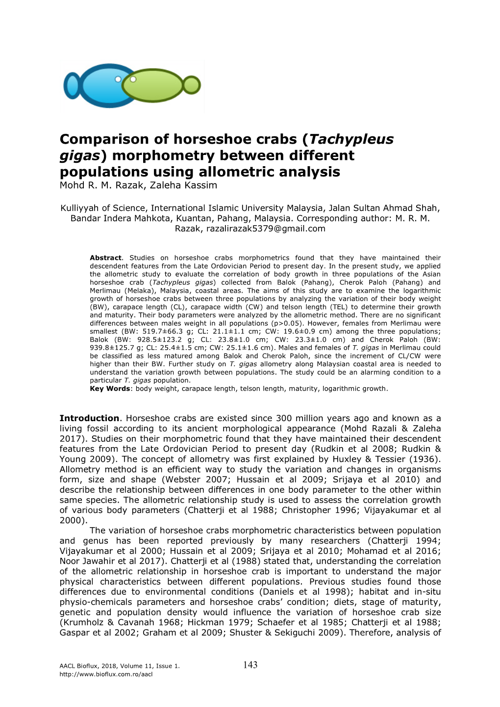 Comparison of Horseshoe Crabs (Tachypleus Gigas) Morphometry Between Different Populations Using Allometric Analysis Mohd R